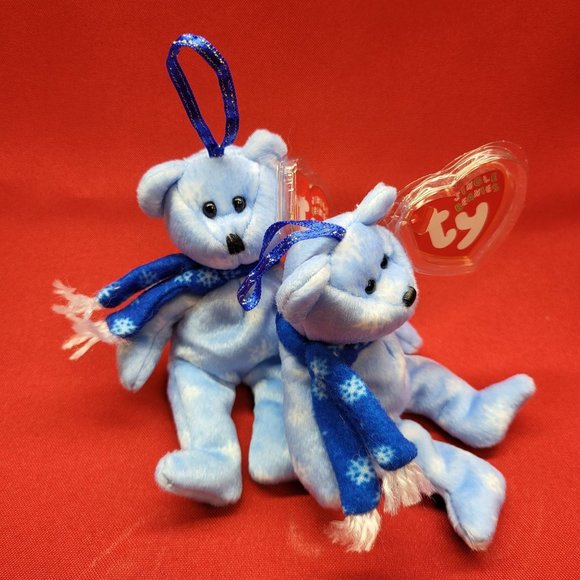 1999 Holiday Teddy The Blue Bear Ty Jingle Beanies Plush Ornament Set of 2 - Picture 5 of 13
